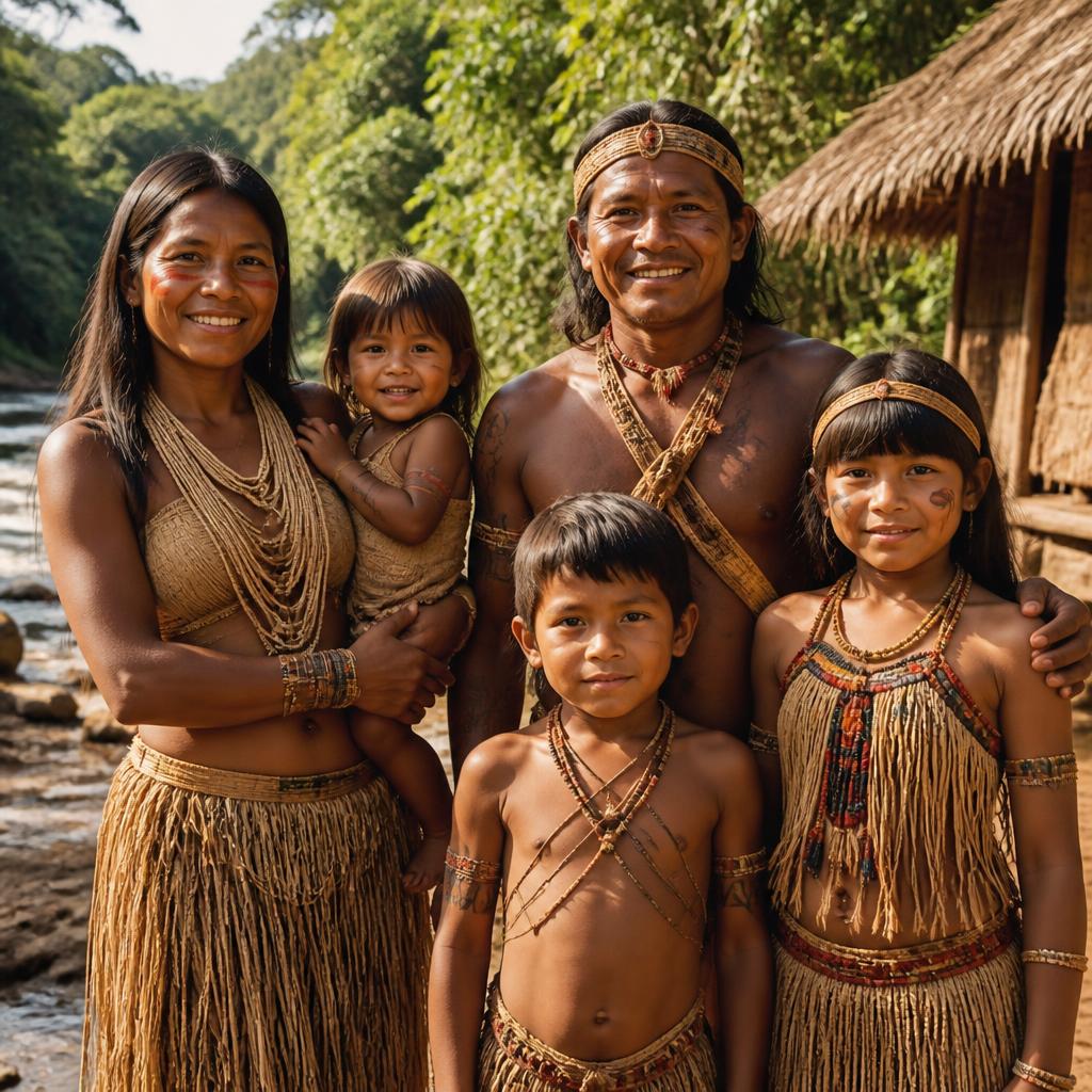 Família de indígenas tradicionais saudáveis em sua aldeia natural
